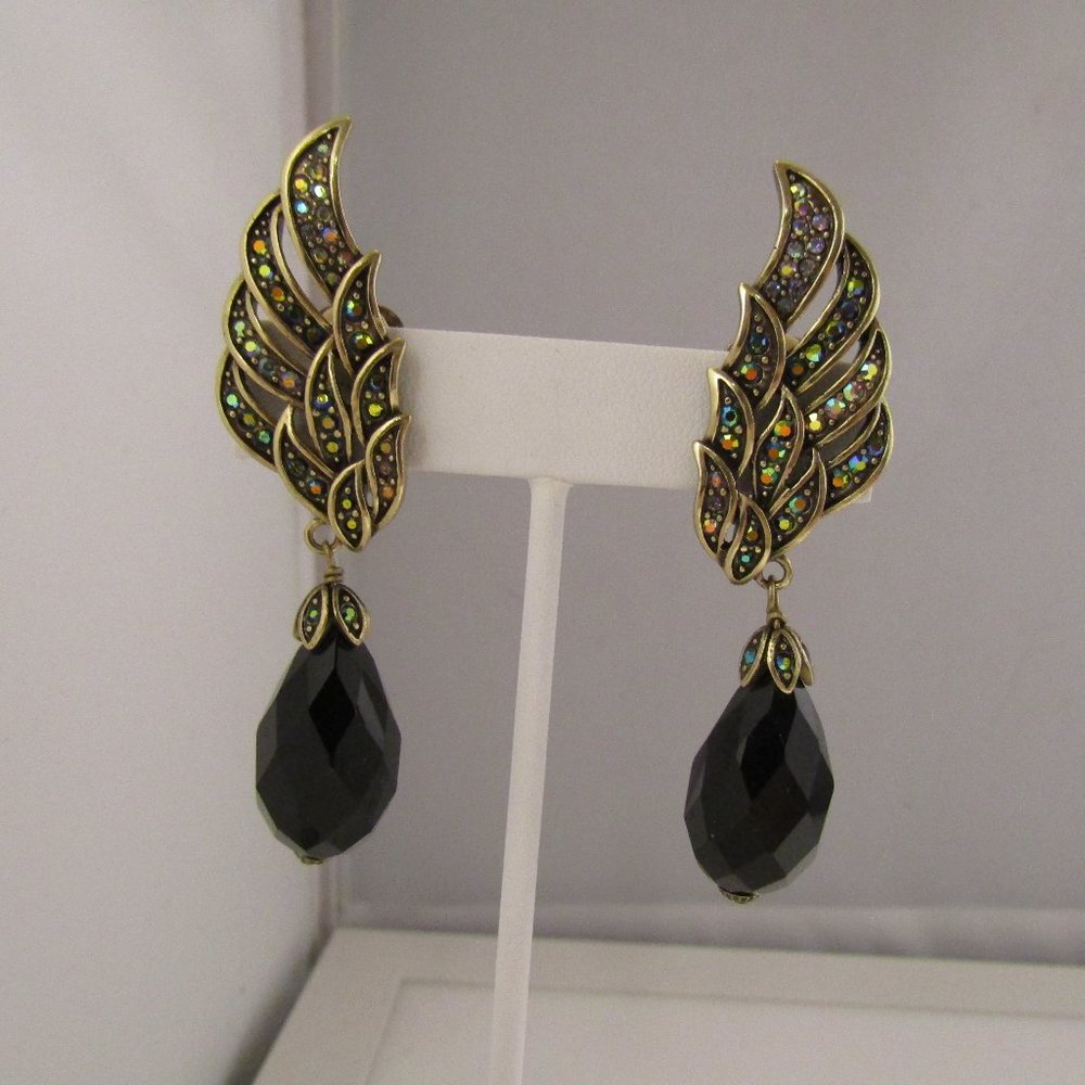 HEIDI DAUS Angel Wing Earrings Aurora Swarovski Crystals & Black Jet Dangle 3"